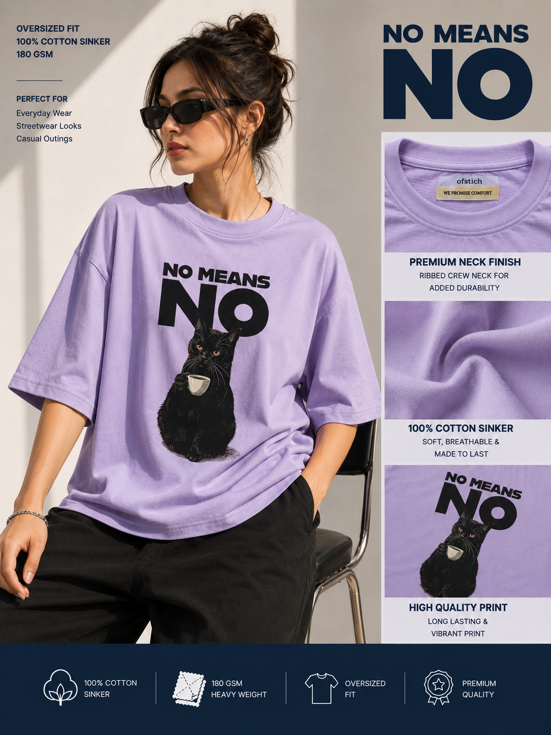 Ofstich No Means No lavender oversized T-shirt back view
