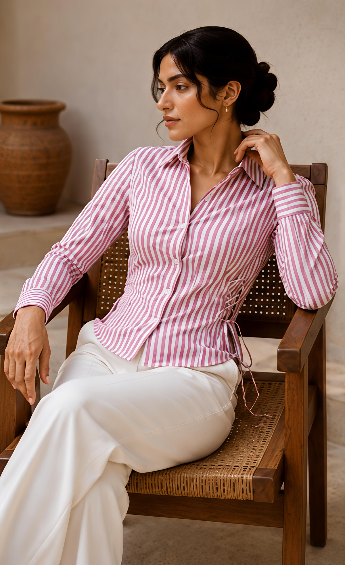 Corset-style striped 100% Cotton Satin Finish Shirt