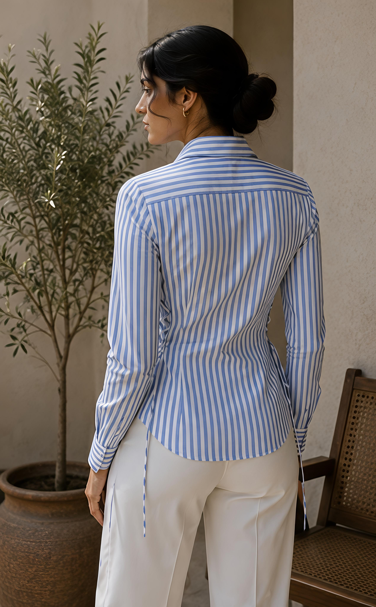 Corset-style striped 100% Cotton Satin Finish Shirt
