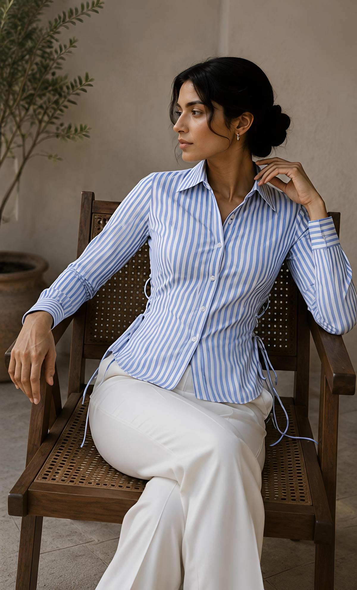 Corset-style striped 100% Cotton Satin Finish Shirt